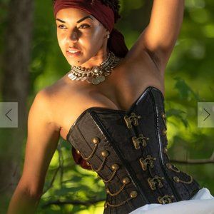 New black steampunk steel boned corset with chains, 22 inches cinched